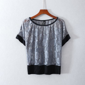 女裝寬松鏤空套頭短袖圓領蕾絲衫上衣服顯瘦潮