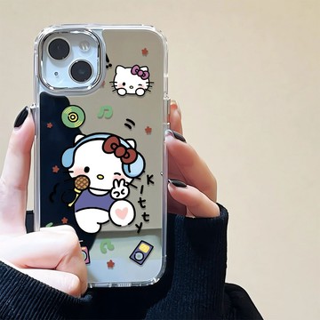 趣味鏡面手機殼 音樂凱蒂貓 適用iPhone16 15 14 13 12 11promax i16防摔手機殼 卡通手機殼