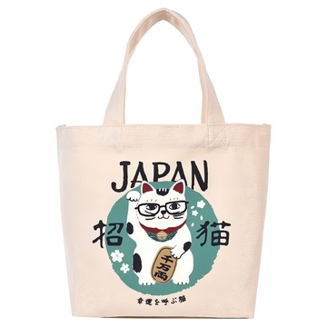 kUSUgURU JAPAN 日本眼鏡貓 JAPAN x KUSUGURU日本限定觀光主題系列 帆布手拿午餐袋  29 x 21 x 11cm  招財貓款