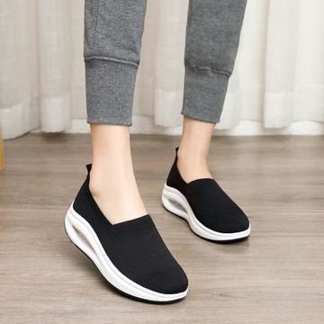 夏季老北京布鞋女單鞋厚底增高鏤空網鞋一腳蹬媽媽飛織透氣搖搖鞋