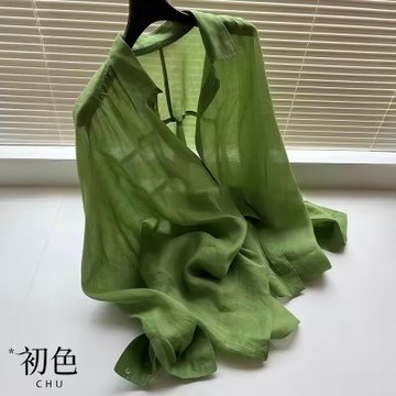 初色 復古純色翻領長袖薄透棉麻寬鬆排扣襯衫上衣-綠色-50594(M-2XL可選)