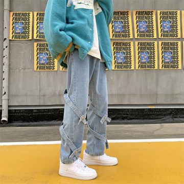 牛仔設計感褲子vibe美式褲男直筒褲綁帶春秋小眾復古歐美寬松高街