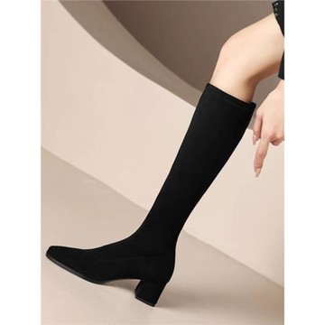 2026年新款女鞋絨面彈力長靴不過膝高跟瘦瘦靴尖頭粗跟顯瘦長筒靴