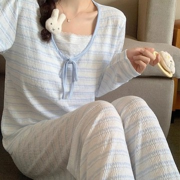 睡衣 甜美公主風蕾絲睡衣 可外穿 休閒風 可愛睡衣 簡約寬鬆純欲風 可愛學生睡衣  長袖長褲 兩件套 睡衣套裝