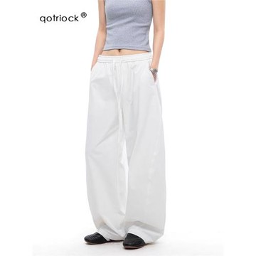 美式白色直筒休閑褲子男女夏季寬松垂感bf闊腿褲高級感運動工裝褲