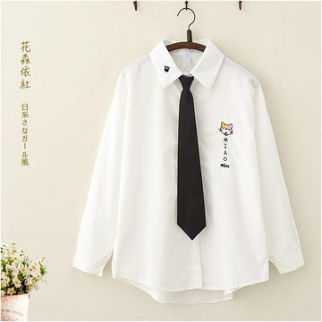 學院風春裝貓咪刺繡領帶長袖襯衫學生少女軟萌妹ins韓版寬松襯衣