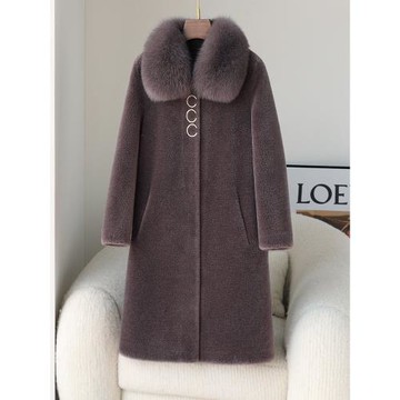 (免運)媽媽皮草外套女中長款狐貍毛領一體顆粒羊剪絨中老年皮草外套