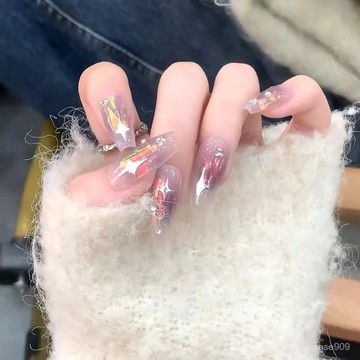 ➕最新設計款穿戴甲💅穿戴甲片粉色腮紅甲暈染美甲貼片可拆卸玻璃紙堆鑽星芒光療甲帶鑽中梯穿戴甲 SLVJ