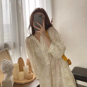 Rouje Damas小眾設計七分袖襯衫連衣裙女夏提花寬松仙女中長裙子