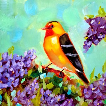 金翅雀油畫鳥類原創藝術動物牆壁藝術丁香花藝術品