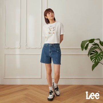 Lee 女款 牛仔短褲 中腰刷破 中藍洗水