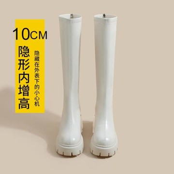白色靴子女長筒靴冬季加絨厚底內增高小個子不過膝平口啞光騎士靴