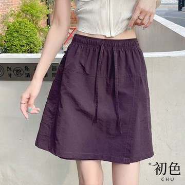 初色 運動風純色鬆緊腰前開叉抽繩口袋工裝褲裙休閒褲短褲-共5色-13481(M-XL可選/現貨+預購)