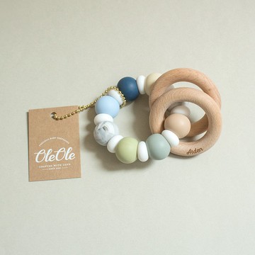 客製化刻名寶寶手搖鈴 固齒器 天然櫸木 牙膠 嬰兒玩具 彌月禮盒