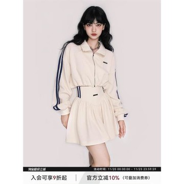 LULUSWINGS復古美式早秋休閑運動風網球華夫格衛衣短裙套裝兩件套