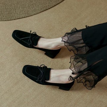 復古羊皮方頭樂福鞋女粗跟一腳蹬2025春秋新款真皮休閑軟皮懶人鞋