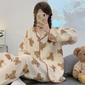 卡通小熊睡衣女空氣棉夾層保暖2022年春秋冬季新款長袖家居服套裝
