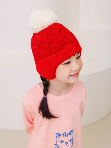 兒童羊羔毛大毛球針織護耳保暖毛帽