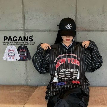 【PAGANS STORE 】韓國 NEW YORK 自由女神 拼接 網眼 線條 賽車 V領 條紋 長袖 球衣 長Tee