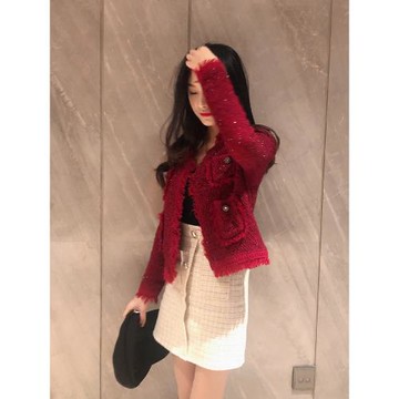 車厘子色小香風外套女秋冬短款復古流蘇針織開衫網紅氣質顯瘦上衣