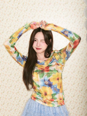 格紋碎花 小兔  假兩件拼接 顯瘦 長袖打底衫