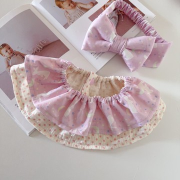 粉紅許願星月兔兔 荷葉圍兜寶寶髮帶 嬰兒禮物新生兒滿月禮