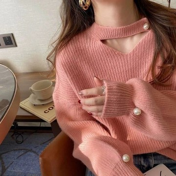 秋冬季軟糯毛衣女 新款寬鬆洋氣長袖針織衫 打底衫 設計感上衣 毛衣 針織毛衣 上衣 女裝 秋冬上衣 女裝上衣 露鎖骨上衣