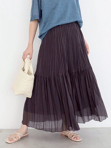 透明感素面/格紋百褶裙(6A43L0L0130) - Green Parks