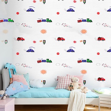 ANTIAN 3D立體布紋兒童房自粘牆貼 1000 x 50cm 防水防潮  小汽車 白色