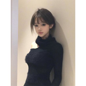 性感辣妹鏤空掛脖毛毛針織衫女秋冬內搭打底衫純欲風斜領露肩上衣