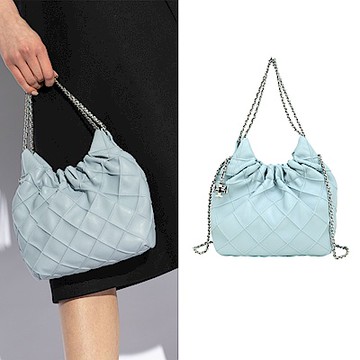 TORY BURCH Fleming Hobo 雙鍊帶菱格納帕皮革手提 斜背束口包(迷霧藍)