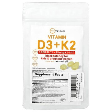 Micro Ingredients, 維生素 D3 + K2，300 粒軟膠囊