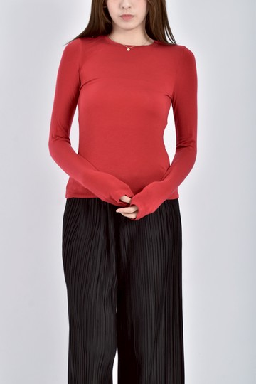 (S) 質感圓領紅色長袖上衣