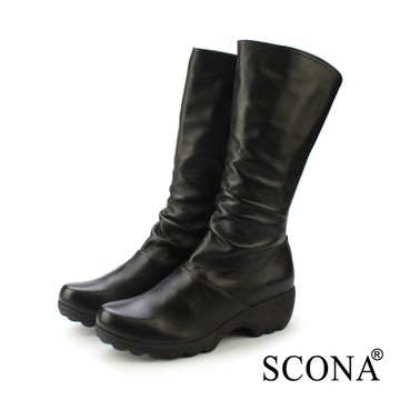 SCONA 蘇格南 真皮 時尚率性抓皺反摺長靴 黑色 8822-1