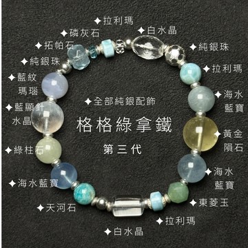 售完絕版✦格格綠拿鐵 第三代  負能量排毒款 黃金隕石 拉利瑪 拓帕石 藍紋瑪瑙 磷灰石 純銀 海水藍寶 藍顯針水晶 白水晶 魔法陣手環 水晶手環S26EE27-10