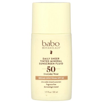 Babo Botanicals, 日常全粹有色礦物質抗曬液，SPF 50，無香，1.7 液量盎司（50 毫升）