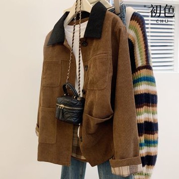 初色 撞色翻領口袋長袖排釦夾克大衣外套女外套-棕色-16648(M-XL可選)