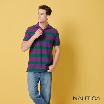 Nautica男裝 休閒撞色吸濕排汗條紋短袖POLO衫-紫色