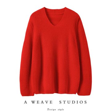 冬鳳凰〓絨+〓大紅色V領闊袖粗針羊絨毛衣女2024秋冬