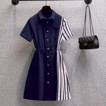 品牌折扣店商場專柜撤柜女裝尾貨清倉夏季條紋拼接短袖連衣裙女潮