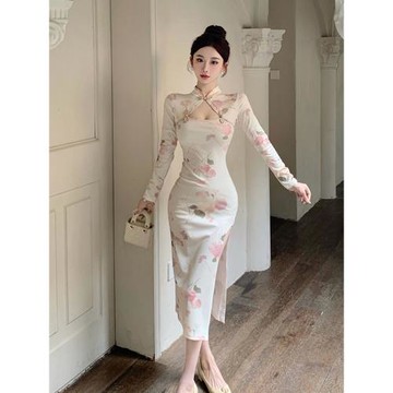 日常秋裝旗袍長袖中長款民國風性感包臀鏤空收腰復古印花連衣裙女