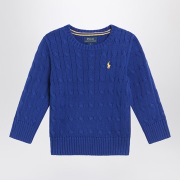 Bright blue cable-knit crewneck sweater
