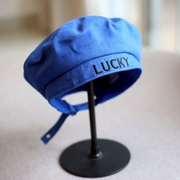 LUCKY繡字母棉質貝蕾帽學院海軍貝雷帽子女秋冬韓版潮日系百搭1入