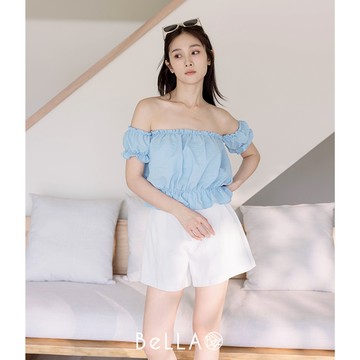 【夏季新品】BeLLA 閃鑽泡泡一字上衣 藍色