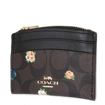 COACH 經典C logo/花卉卡片零錢包 防刮PVC皮革 卡片夾 信用卡夾 零錢包 C7386 深咖啡色(現貨)▶指定Outlet商品5折起☆現貨【送禮首選★APP下單點數4倍送】