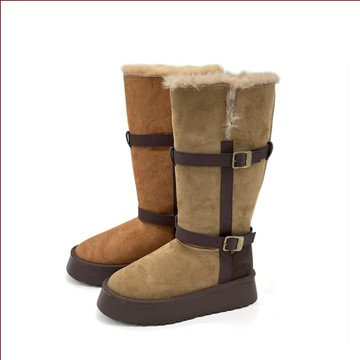 厚底靴 長靴 毛毛鞋 暖冬漫步2WAY柔霧雙扣毛絨厚底長靴毛毛鞋ROBINLO (KELLI 奶香沙棕/焦糖駝棕)