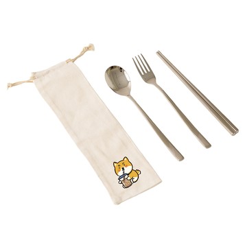 YCCT 316不鏽鋼筷叉匙收納袋4件組 柴犬  筷子 + 叉子 + 湯匙 + 收納袋  1套  米色