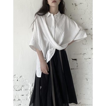 陸與山嶼夏白色女士襯衣肌理豎紋綁式亞麻上衣設計感小眾短袖襯衫