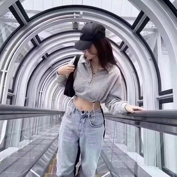 翻領排扣polo衫抽繩縮腰短版長袖衛衣