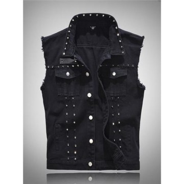 歐美機車鉚釘男女牛仔馬甲朋克舞臺休閑上衣無袖坎肩外套大碼秋季